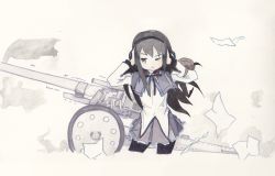 Rule 34 | 10s, 1girl, absurdres, akemi homura, artillery, black hair, cannon, covering own ears, hairband, hb (jin-ab bangpae), highres, long hair, magical girl, mahou shoujo madoka magica, mahou shoujo madoka magica (anime), one eye closed, open mouth, pantyhose, purple eyes, shield, solo