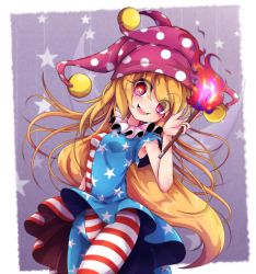 Rule 34 | 1girl, american flag dress, american flag legwear, blonde hair, blush stickers, breasts, clownpiece, dress, fairy wings, fang, fire, floating hair, hat, highres, holding, jester cap, long hair, looking at viewer, open mouth, pantyhose, pink eyes, pink hat, polka dot, shen li, short dress, skin fang, sleeveless, sleeveless dress, small breasts, smile, solo, star-shaped pupils, star (symbol), star print, striped, symbol-shaped pupils, torch, touhou, transparent wings, very long hair, wings
