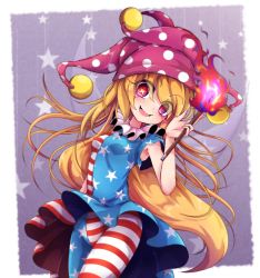 1girl american_flag_dress american_flag_legwear blonde_hair blush_stickers breasts clownpiece dress fairy_wings fang fire floating_hair hat highres holding jester_cap long_hair looking_at_viewer open_mouth pantyhose pink_eyes pink_hat polka_dot shen_li short_dress skin_fang sleeveless sleeveless_dress small_breasts smile solo star-shaped_pupils star_(symbol) star_print striped symbol-shaped_pupils torch touhou transparent_wings very_long_hair wings