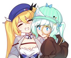 Rule 34 | 2girls, blonde hair, blue hat, dokibird (vtuber), dress, gradient hair, green hair, grey jacket, hair between eyes, hair ornament, hat, indie virtual youtuber, jacket, long hair, magnifying glass, mint fantome, multicolored hair, multiple girls, open mouth, ricegnat, simple background, sleeves past wrists, triangular headpiece, twintails, very long hair, virtual youtuber, white background, white hair, x hair ornament