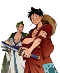 Rule 34 | 2boys, black hair, green hair, hat, highres, holding, holding sword, holding weapon, japanese clothes, katana, kimono, male focus, monkey d. luffy, mouth hold, multiple boys, multiple scars, multiple swords, muscular, muscular male, one piece, open clothes, open kimono, qwwwwww48423, roronoa zoro, scar, scar on chest, scar on face, short hair, stalk in mouth, straw hat, sword, weapon