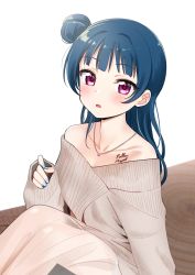 Rule 34 | 1girl, bare shoulders, blue hair, blue nails, blush, body writing, collarbone, deadnooodles, grey sweater, hair bun, highres, jewelry, long hair, long sleeves, looking at viewer, love live!, love live! sunshine!!, nail polish, off-shoulder, off-shoulder sweater, off shoulder, open mouth, pendant, purple eyes, side bun, single side bun, sitting, skirt, sleeves past wrists, solo, sweater, tsushima yoshiko