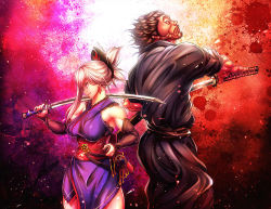 Rule 34 | 1boy, 1girl, armpits, bare shoulders, breasts, brown hair, cherry blossoms, commentary request, earrings, facial hair, fate/grand order, fate (series), grappler baki, hangetsuban sonshou, highres, holding, holding sword, holding weapon, japanese clothes, jewelry, katana, kimono, large breasts, looking up, miyamoto musashi (fate), miyamoto musashi (first ascension) (fate), miyamoto musashi (grappler baki), mustache, name connection, obi, open mouth, pink hair, ponytail, sash, smile, sword, thighhighs, weapon