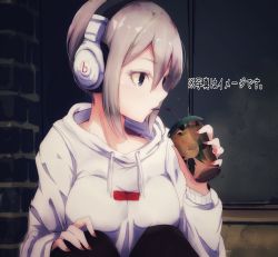 Rule 34 | 1girl, beats by dr. dre, black eyes, commentary request, drinking, drinking straw, grey hair, hair between eyes, headphones, highres, idolmaster, idolmaster cinderella girls, knees up, nail polish, pantyhose, red nails, ryuu., shiomi syuko, short hair, sitting, solo, sweater, white sweater
