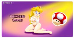 Rule 34 | 1girl, absurdres, blonde hair, blue eyes, breasts, feet, gloves, hands on own chest, highres, idendrawx, kneeling, large breasts, legs, long hair, mario (series), navel, nintendo, nipples, princess, princess peach, smile, solo, super mario bros. 1, super mushroom, thick thighs, thighs, thong, topless