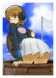 Rule 34 | 1girl, anglerfish, arm support, ass, blue jacket, blue sky, blush, brown eyes, brown hair, closed mouth, cloud, cloudy sky, commentary, day, emblem, fish, flag, frown, girls und panzer, headphones, jacket, lace, lace-trimmed panties, lace trim, leaning forward, lens flare, long sleeves, looking at viewer, looking back, military, military uniform, miniskirt, nishizumi miho, ooarai military uniform, panties, pleated skirt, short hair, skirt, sky, solo, underwear, uniform, wavy mouth, white flag, white panties, yurikuta tsukumi