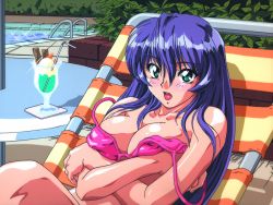 Rule 34 | 1990s (style), 1girl, beverages, bikini, bikini top only, blue hair, blush, breasts, character request, cleavage, covering privates, covering breasts, green eyes, pink bikini, poolside, retro artstyle, solo, source request, swimsuit, tagme