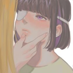 Rule 34 | 2girls, absurdres, black hair, blonde hair, chariot (prettyme), colored inner hair, commentary request, eyebrows hidden by hair, eyepatch, highres, huge filesize, lips, long hair, looking to the side, medium hair, multicolored hair, multiple girls, nose, original, portrait, purple hair, yuri