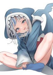 Rule 34 | 1girl, absurdres, animal hood, blue eyes, blue hair, blue hoodie, blue socks, blunt bangs, blush, commentary request, fins, fish tail, gawr gura, gawr gura (1st costume), grey hair, hands on feet, head tilt, highres, hololive, hololive english, hood, hoodie, leaning forward, legs, long hair, long sleeves, looking at viewer, multicolored hair, no shoes, oversized clothes, shadow, shark girl, shark hood, shark tail, sharp teeth, shiny skin, sidelocks, simple background, sleeves past wrists, socks, solo, streaked hair, tail, taro. (tataroro 1), teeth, virtual youtuber, white background, wide sleeves