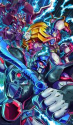 Rule 34 | absurdres, beast wars, beast wars: transformers, beast wars ii, beast wars neo, big convoy, clenched hands, clenched teeth, glowing, glowing eyes, highres, holding, holding sword, holding weapon, huge filesize, lightning, lio convoy, lion, maximal, mecha, no humans, optimus primal, red eyes, robot, sword, teeth, transformers, weapon, yasukuni kazumasa, yellow eyes