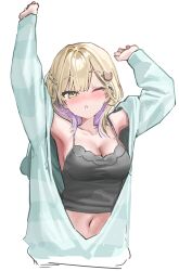 Rule 34 | 1girl, ;o, armpits, arms up, bare shoulders, bear hair ornament, black camisole, blonde hair, blue jacket, blush, breasts, camisole, cleavage, collarbone, commentary request, cropped torso, green eyes, hair ornament, hairclip, half-closed eye, highres, jacket, kanzarin, kurumi noah, long sleeves, looking at viewer, medium breasts, multicolored hair, navel, one eye closed, open clothes, open jacket, parted lips, puffy long sleeves, puffy sleeves, purple hair, simple background, sleeves past wrists, solo, striped clothes, striped jacket, two-tone hair, upper body, virtual youtuber, vspo!, white background