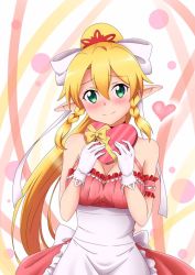 Rule 34 | 1girl, apron, blonde hair, blush, bow, box, box of chocolates, braid, chocolate, dress, frilled apron, frilled dress, frills, hair bow, happy valentine, heart-shaped box, holding, ken-ji, leafa, long hair, looking at viewer, pink dress, pointy ears, ponytail, ribbon, smile, solo, sword art online, valentine, waist apron, white apron, white bow