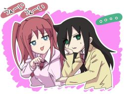 Rule 34 | ..., 2girls, black hair, blue eyes, commentary, green eyes, hair between eyes, head rest, kai (makkai), kuroki tomoko, long hair, long sleeves, looking at another, multiple girls, nemoto hina, open mouth, red hair, sweat, two side up, upper body, watashi ga motenai no wa dou kangaetemo omaera ga warui!