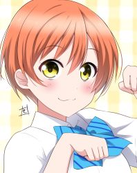 Rule 34 | 1girl, aqua bow, artist name, artist request, blue bow, blush, bow, bowtie, breasts, clenched hands, close-up, collared shirt, female focus, green eyes, hair between eyes, highres, hoshizora rin, jacket, long sleeves, looking at viewer, love live!, love live! school idol project, medium breasts, orange hair, otonokizaka school uniform, parted lips, paw pose, school uniform, shirt, short hair, short sleeves, smile, solo, striped, striped bow, upper body, white shirt, yellow eyes, zero-theme, zero 0w0