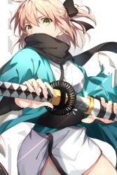 Rule 34 | 1girl, black bow, black scarf, blonde hair, bow, commentary request, covered mouth, fate/grand order, fate (series), fingernails, green eyes, hair bow, half updo, haori, herigaru (fvgyvr000), highres, holding, holding sword, holding weapon, japanese clothes, katana, kimono, koha-ace, looking at viewer, obi, okita souji (fate), okita souji (koha-ace), open clothes, ponytail, sash, scarf, sheath, sheathed, shinsengumi, short hair, short kimono, solo, sword, thighs, weapon, white kimono