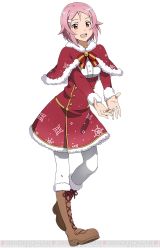 Rule 34 | 10s, 1girl, boots, brown footwear, cross-laced footwear, freckles, full body, fur-trimmed boots, fur trim, hair ornament, knee boots, lace-up boots, lisbeth (sao), long hair, open mouth, pantyhose, pink hair, red eyes, short hair, simple background, solo, sword art online, sword art online: code register, watermark, white background, white pantyhose