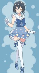 Rule 34 | 1girl, absurdres, black hair, blue background, blue bow, blue dress, blue footwear, blue neckwear, blush, bow, bow legwear, cbgb, closed mouth, collared dress, commentary, dress, flower, footwear bow, frilled thighhighs, frills, full body, hair flower, hair ornament, highres, idol, large bow, layered dress, light blush, looking at viewer, mizuno ai, one eye closed, red eyes, shoes, short dress, short hair, sleeveless, sleeveless dress, smile, solo, standing, thighhighs, white thighhighs, zombie land saga