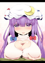 Rule 34 | 1girl, alternate costume, blush, bow, breast hold, breasts, cleavage cutout, clothing cutout, crescent, eyes visible through hair, hair bow, hat, heart, heart cutout, large breasts, letterboxed, long hair, looking at viewer, oborozuki, paizuri, paizuri under clothes, patchouli knowledge, penis, penis under another&#039;s clothes, pov, purple eyes, purple hair, rougetsu (eclipse), simple background, solo focus, sweater, touhou, uncensored, very long hair