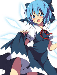 Rule 34 | 1girl, bad id, bad pixiv id, blue dress, blue eyes, blue hair, blush, bow, cirno, clothes lift, dress, dress lift, fang, hair bow, ice, ice wings, matching hair/eyes, oniku (shimofuri-ke), open mouth, puffy sleeves, shirt, short hair, short sleeves, simple background, smile, solo, touhou, white background, wings