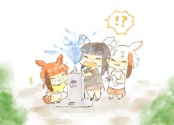 Rule 34 | !?, +++, 10s, 3girls, aged down, alternate costume, bird tail, bird wings, black-headed ibis (kemono friends), black hair, blush, braid, casual, commentary request, drinking fountain, grin, head wings, japanese crested ibis (kemono friends), kemono friends, moeki (moeki0329), multicolored hair, multiple girls, nose blush, puffy sleeves, red hair, sandals, scarlet ibis (kemono friends), shirt, short hair, short sleeves, sidelocks, smile, spoken interrobang, t-shirt, tail, tank top, twin braids, twintails, water, white hair, wings