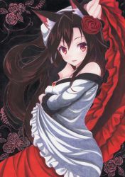 Rule 34 | 1girl, animal ears, arm over head, bare shoulders, black background, breast hold, breasts, brooch, brown hair, dress, flower, hair flower, hair ornament, highres, imaizumi kagerou, jewelry, kittona, long sleeves, looking at viewer, parted bangs, parted lips, red eyes, rose, smile, solo, touhou, traditional media, watercolor pencil (medium), wolf ears