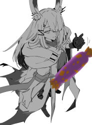 Rule 34 | 1girl, animal ear fluff, animal ears, arknights, candy, citron80citron, cloak, food, frostnova (arknights), full body, gloves, greyscale, hair ornament, hair over one eye, hairclip, long hair, looking at viewer, monochrome, rabbit ears, rabbit girl, scar, scar on face, scar on nose, simple background, smile, solo, spot color, white background