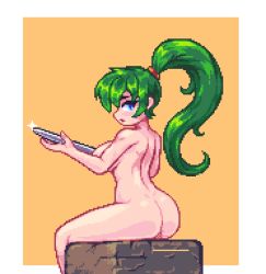 Rule 34 | 1girl, :o, ass, blue eyes, breasts, completely nude, female focus, fire emblem, fire emblem: the blazing blade, green hair, holding, holding sword, holding weapon, large breasts, long hair, looking back, lyn (fire emblem), lyndis (fire emblem), nintendo, nipples, noscium, nude, pixel art, ponytail, sitting, solo, sword, weapon