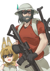 Rule 34 | 10s, 1boy, 1girl, :d, animal ears, ayyh, backpack, bag, bare shoulders, beard, bow, bowtie, facial hair, genderswap, genderswap (ftm), glasses, gun, highres, kaban (kemono friends), kemono friends, looking to the side, manly, open mouth, rifle, serious, serval (kemono friends), serval print, simple background, smile, standing, trigger discipline, weapon, what, white background