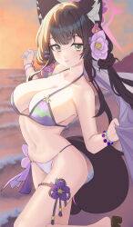 1girl absurdres animal_ear_fluff animal_ears bare_arms bare_legs bare_shoulders beach bikini black_hair blue_archive breasts cleavage closed_mouth fox_ears fox_tail halo highres large_breasts long_hair looking_at_viewer ocean official_alternate_costume outdoors purple_bikini purple_halo sandals sketch smile solo swimsuit tail wakamo_(blue_archive) wakamo_(swimsuit)_(blue_archive) wo475712 yellow_eyes