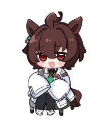 Rule 34 | 1girl, :d, agnes tachyon (umamusume), ahoge, animal ears, black pantyhose, black shirt, blush stickers, brown hair, chibi, collared shirt, commentary, full body, hair between eyes, hair intakes, highres, horse ears, horse girl, horse tail, lab coat, long sleeves, looking at viewer, nozo (hitomiz), open clothes, open mouth, pantyhose, red eyes, shirt, shoes, simple background, sitting, sleeves past fingers, sleeves past wrists, smile, solo, sweater vest, tail, umamusume, white background, white footwear