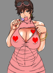 Rule 34 | 1girl, breasts, brown hair, candy, censored, censored nipples, cleavage, cleavage cutout, clothing cutout, covered erect nipples, eyewear on head, facing viewer, food, grey background, heart, heart censor, highres, honoo no toukyuuji: dodge danpei, huge breasts, ichigeki haruka, lollipop, papepox2, short hair, simple background, solo, spiked hair, standing, sunglasses