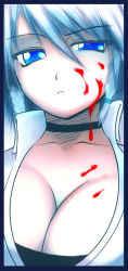 Rule 34 | 1girl, blood, blood on face, blue eyes, breasts, cleavage, female focus, huge breasts, izayoi sakuya, onibi (foxhound4185), solo, touhou, upper body