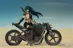 Rule 34 | 1girl, alpyro, armor, blue eyes, blue hair, commentary, cyborg, desert, french commentary, highres, long hair, midriff, motor vehicle, motorcycle, original, science fiction, sheath, sheathed, short shorts, shorts, sitting, solo, sword, weapon