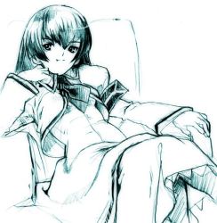 Rule 34 | 00s, 1girl, armband, armchair, busou renkin, chair, feet out of frame, hayasaka ouka, long hair, looking at viewer, monochrome, school uniform, simple background, sitting, sketch, solo, white background
