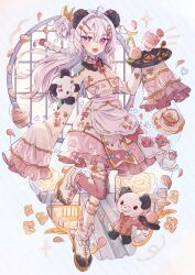 Rule 34 | 1girl, :d, ahoge, animal ears, apron, bear ears, bear girl, blush, braid, cup, dress, drink, floating hair, food, frilled dress, frills, hair between eyes, highres, holding, holding tray, long dress, long hair, long sleeves, looking at viewer, open mouth, original, pink dress, platform footwear, purple eyes, red thighhighs, saucer, shrug (clothing), sidelocks, simple background, smile, solo, strapless, strapless dress, stuffed animal, stuffed panda, stuffed toy, teacup, thighhighs, tray, tsukumi bis, waist apron, white apron, white background, white footwear, white hair, wide sleeves, window