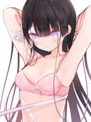 Rule 34 | 1girl, absurdres, armpits, arms behind head, arms up, bare arms, bare shoulders, black hair, bow, bow bra, bra, breasts, closed mouth, collarbone, commentary request, hair between eyes, hair ornament, highres, humuyun, long hair, original, pink bra, purple eyes, simple background, small breasts, solo, tape measure, underwear, underwear only, very long hair, white background