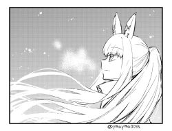 Rule 34 | 1girl, animal ears, arknights, border, breath, commentary, floating hair, from side, greyscale, halftone, horse ears, jacket, long hair, looking up, monochrome, platinum (arknights), ponytail, portrait, profile, sidelocks, solo, twitter username, very long hair, yom (ymayma00ss)