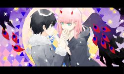 Rule 34 | 10s, 1boy, 1girl, black hair, black robe, coat, darling in the franxx, green eyes, hairband, highres, hiro (darling in the franxx), holding hands, horns, letterboxed, long hair, long sleeves, m10 (roccay), pink hair, robe, ruo our, short hair, winter clothes, winter coat, zero two (darling in the franxx)