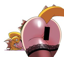 Rule 34 | 1girl, :d, aqua eyes, armlet, ass, ass focus, bar censor, bare shoulders, blonde hair, blonde pubic hair, blush, borrowed design, bowsette, breasts, brown thighhighs, censored, claw pose, clenched teeth, colored pubic hair, crown, d;, earrings, excessive pubic hair, eyelashes, female pubic hair, from behind, half-closed eye, horns, jewelry, lace, lace-trimmed legwear, lace trim, large breasts, long hair, looking at viewer, looking back, mario (series), new super mario bros. u deluxe, nintendo, nose blush, one eye closed, open mouth, parted bangs, ponytail, pubic hair, rodney (melagal), sanpaku, sharp teeth, shiny skin, simple background, slit pupils, smile, solo, spiked armlet, super crown, sweatdrop, tail, tail raised, teeth, thick eyebrows, thighhighs, top-down bottom-up, turtle shell, v-shaped eyebrows, white background