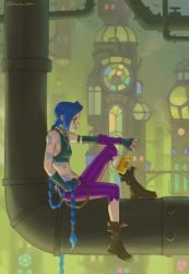 Rule 34 | 1girl, ankle boots, arcane: league of legends, arcane jinx, arm tattoo, asymmetrical bangs, bare shoulders, black gloves, blue hair, boots, bottle, braid, breasts, brown footwear, brown shirt, closed mouth, cloud tattoo, fingerless gloves, fog, from side, gloves, highres, holding, holding bottle, jinx (league of legends), kherl, league of legends, long braid, long hair, outdoors, pants, shirt, shoulder tattoo, solo, striped clothes, striped pants, tattoo
