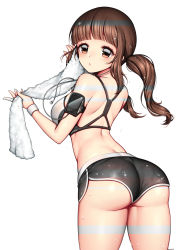 Rule 34 | 1girl, ass, back, bare shoulders, black shorts, blunt bangs, breasts, brown eyes, brown hair, cable, digital media player, dolphin shorts, fingernails, from behind, highres, holding, holding towel, legs apart, lips, long fingernails, looking at viewer, looking back, low twintails, medium breasts, micro shorts, original, parted lips, pink lips, rewolf, short shorts, shorts, sidelocks, simple background, solo, sports bra, sweat, teeth, towel, twintails, twisted neck, white background, white towel, wiping sweat, wristband