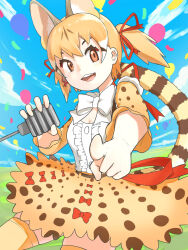 Rule 34 | 1girl, animal ears, belt, bow, bowtie, brown eyes, brown hair, cat ears, cat girl, cat tail, extra ears, highres, kemono friends, kemono friends v project, kneehighs, large-spotted genet (kemono friends), long hair, looking at viewer, microphone, ribbon, shirt, skirt, socks, solo, suspenders, tail, twintails, virtual youtuber, y0whqzz8bkslezl