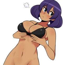 Rule 34 | 1girl, black bra, blue hair, blush, bottomless, bra, breast hold, breasts, cleavage, creatures (company), dark-skinned female, dark skin, embarrassed, female focus, game freak, groin, large breasts, navel, nintendo, out-of-frame censoring, pie (aipiepo), pokemon, pokemon xy, pout, short hair, sigh, sina (pokemon), solo, underwear