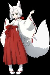 Rule 34 | 1girl, black background, blush, green eyes, hands up, happy, japanese clothes, kimono, kitsune, long sleeves, looking at viewer, open mouth, red skirt, shirt, simple background, skirt, solo, the new gate, tongue, white hair, white shirt, yuzuha (the new gate)