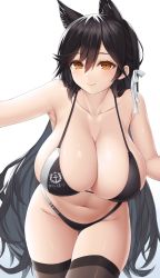 Rule 34 | 1girl, absurdres, anchor symbol, animal ears, armpits, asamura hiori, atago (azur lane), atago (stunning speedster) (azur lane), azur lane, bare arms, bare shoulders, bikini, black bikini, black hair, black thighhighs, blush, bow, breasts, brown eyes, cleavage, closed mouth, collarbone, commentary request, company name, dog ears, gradient background, hair between eyes, hair bow, hair ribbon, highleg, highleg bikini, highres, huge breasts, leaning forward, light blush, lips, logo, long hair, looking at viewer, mole, mole under eye, navel, ribbon, shiny clothes, shiny skin, simple background, smile, solo, stomach, swimsuit, thighhighs, thighs, very long hair, white background, white ribbon