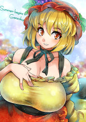 Rule 34 | 1girl, aki minoriko, bare shoulders, blonde hair, breasts, cleavage, collarbone, english text, female focus, food, fruit, gradient background, grapes, hand on own chest, hat, juliet sleeves, large breasts, long sleeves, looking at viewer, mob cap, neck ribbon, off shoulder, parted lips, puffy sleeves, red eyes, ribbon, sash, shirt, short hair, signature, skirt, smile, solo, taut clothes, text focus, touhou, umigarasu (kitsune1963)