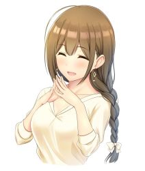 Rule 34 | 1girl, blush, braid, breasts, cleavage, closed eyes, collarbone, earrings, fingers together, hair ribbon, highres, jewelry, kuwayama chiyuki, large breasts, long hair, miyar2d2, ribbon, smile, v-neck, white background