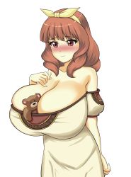 Rule 34 | 1girl, absurdres, arm behind back, blunt bangs, blush, bow, breasts, celica (fire emblem), cleavage, closed mouth, collarbone, dress, eyebrows, eyelashes, fefex, female focus, fire emblem, fire emblem echoes: shadows of valentia, hair bow, highres, huge breasts, long hair, nintendo, off-shoulder dress, off shoulder, oppai loli, red eyes, red hair, simple background, smile, solo, standing, stuffed animal, stuffed toy, teddy bear, white background, yellow bow