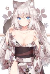 Rule 34 | 1girl, animal ear fluff, animal ears, ayuanlv, bare shoulders, blue eyes, braid, breasts, cat ears, cherry blossoms, cleavage, collarbone, cowboy shot, dated, floral print, hand up, highres, japanese clothes, kimono, large breasts, long hair, long sleeves, looking at viewer, no bra, obi, off shoulder, original, parted lips, sash, side slit, signature, silver hair, solo, tail, twin braids, very long hair, white background, white kimono, wide sleeves
