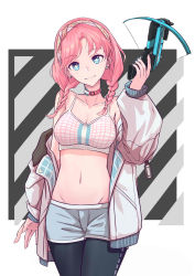 Rule 34 | 1girl, absurdres, arknights, bare shoulders, black pants, blue eyes, blue poison (arknights), blue poison (shoal beat) (arknights), blue shorts, bow (weapon), braid, breasts, choker, cleavage, collarbone, commentary, cowboy shot, crop top, crossbow, earrings, groin, hairband, hand up, highres, holding, holding crossbow, holding weapon, hykyli, jacket, jewelry, leggings, long hair, long sleeves, medium breasts, midriff, nail polish, navel, off shoulder, official alternate costume, pants, pink choker, pink hair, short shorts, shorts, solo, spaghetti strap, standing, stomach, twin braids, weapon, white background, white jacket